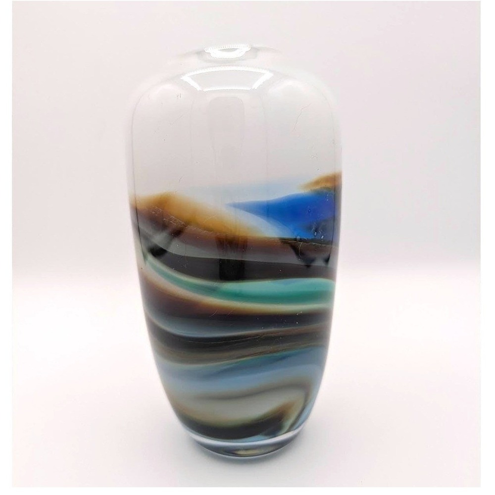 Vintage 1981 Signed R Stephens Studio Art Glass Vase Abstract Landscape Decor 7"